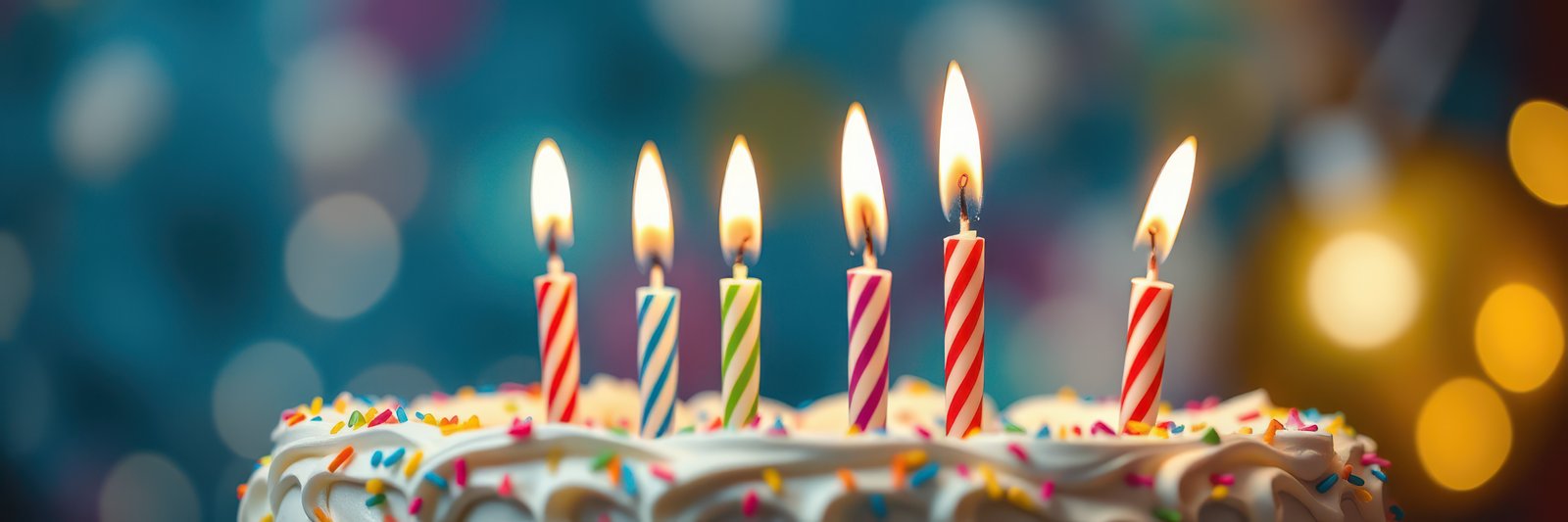 Birthday cake with colorful candles glowing warmly in a festive atmosphere full of lights and joy